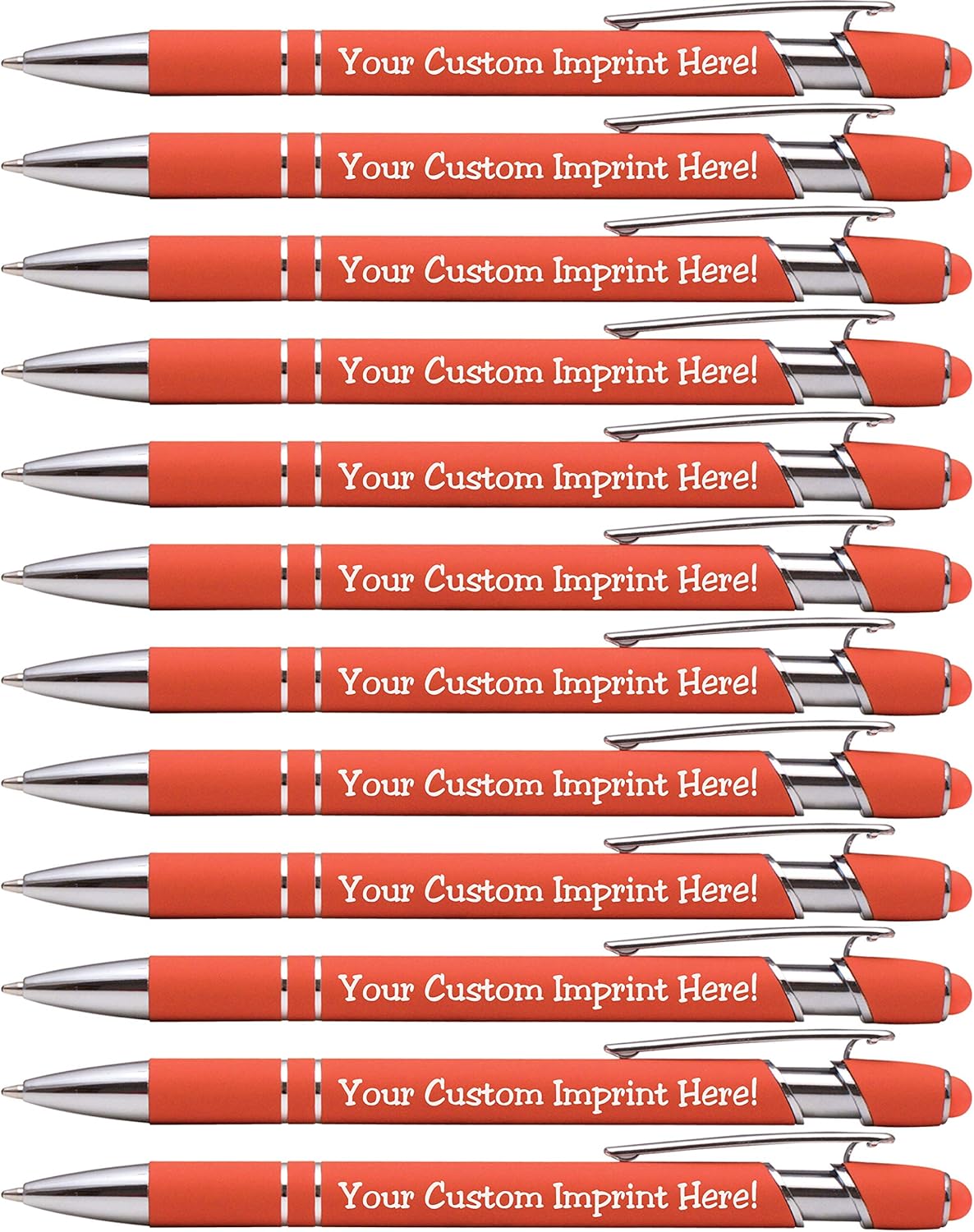 ExpressDesigns™ - Premium Custom Pens with Stylus | Burst of Color | Personalized Soft Touch Metal Printed Name Pens w/Black Ink - Imprinted w/Logo or Message - 12 pcs/pack (Orange)
