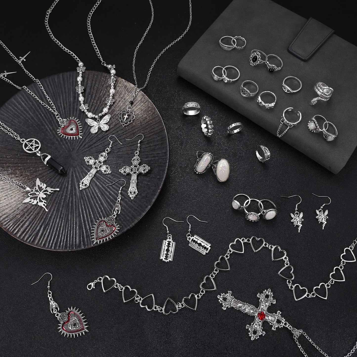 Subiceto 33Pcs Grunge Vintage Punk Necklace Jewelry Set Gothic Earrings Fairy Butterfly Boho Crystal Y2k Cross Pendent Butterfly Heart Choker Goth Stackable Knuckle Rings Adjustable