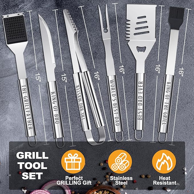 Dad Gifts, Dad Birthday Gifts from Daughter Son Heavy Duty Grilling Accessories Kit for Backyard BBQ, Thick Stainless Steel Grill Utensils with Non-Slip Handle Tool for Man on Christmas