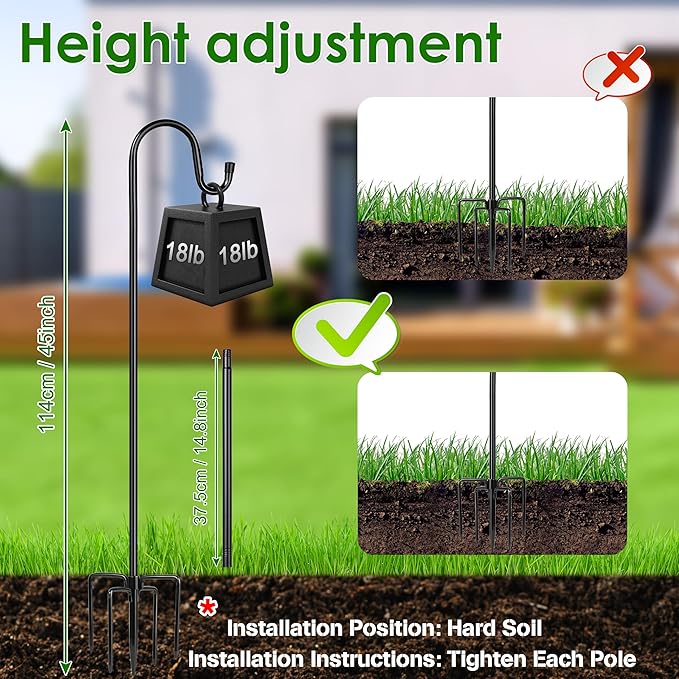 XDW-GIFTS Bird Feeder Pole for Outdoor, 2-Pack 45 Inch Shepherds Hooks Heavy Duty Garden Pole for Hanging Plant Basket, Solar Light Lanterns, Garden Plant Hanger Stands with 5 Base Prongs