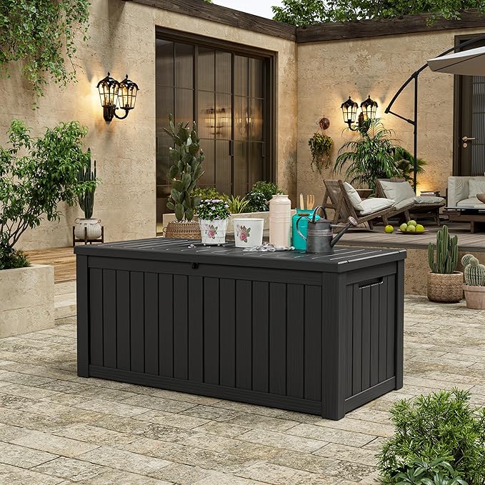 KAMABOKO Outdoor Storage Box, 120 Gallon Large Outdoor Resin Deck Box, Storage Waterproof Boxes Lockable Lid for Garden Tools, Pool Supplies, Patio Furniture and Cushions, Black