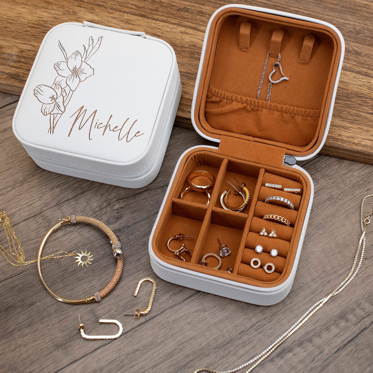 Custom Leather Customized Jewelry Organizer Box w/Name & Birth Flower Month - Birthday Gifts for Women, Mom Personalized Jewelry