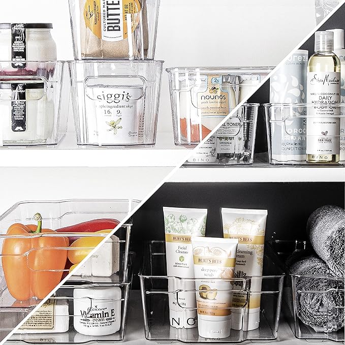 BINO | Stackable Storage Bins, Medium - 2 Pack THE STACKER COLLECTION Clear Plastic Built-In Handles BPA-Free Containers for Organizing Kitchen Pantry Multi-Use Organizer Bins