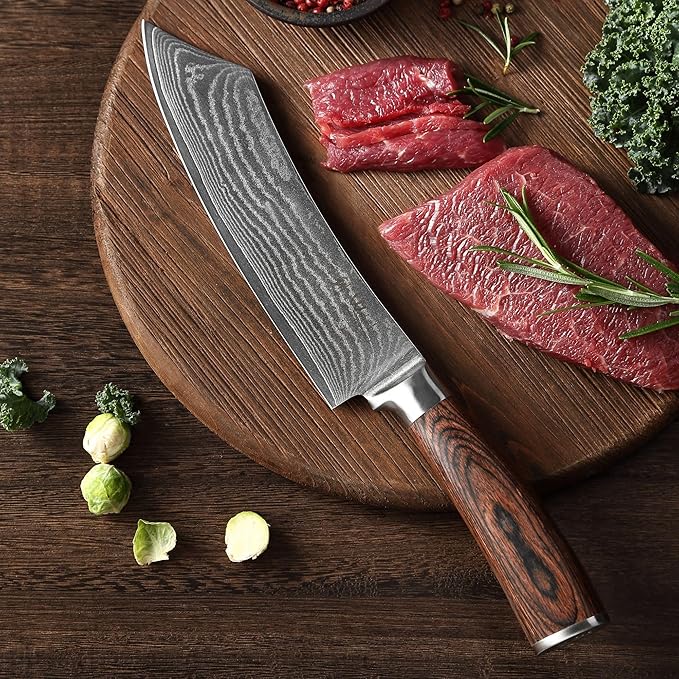 Wakoli EDIB Damascus Grill & Butcher Knife – 7.9-Inch Blade for Meat and BBQ | Japanese Style Professional Chef Knife Made from 67-Layer Damascus Steel with VG10 Core | Ergonomic Pakkawood Handle