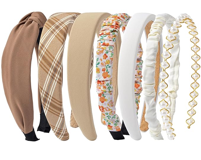 Sunolga 7 Pack Brown Headbands for Women Girls Non Slip Floral Padded Hairbands Cute Pearl Head bands Wide Headbands Trend...