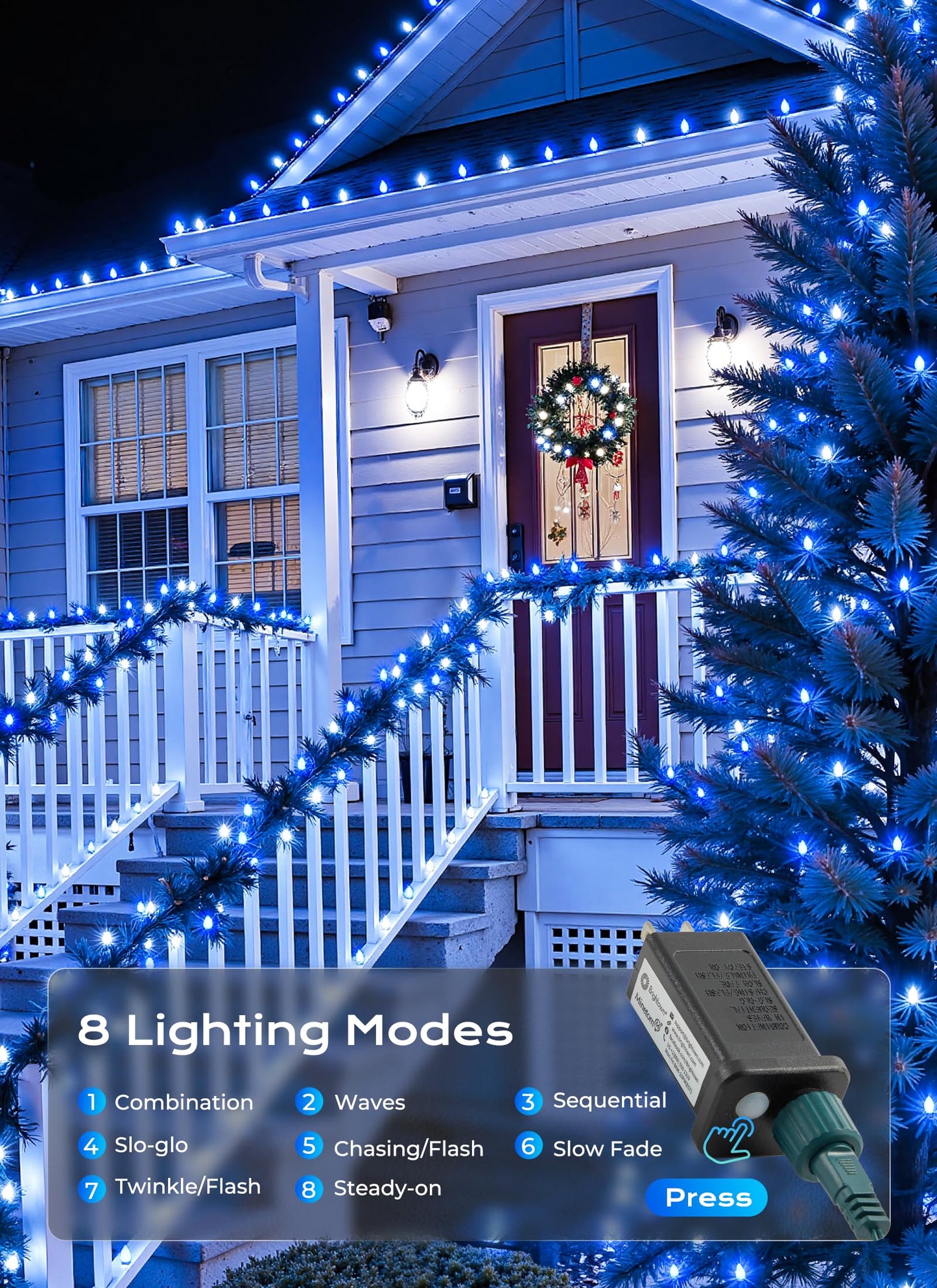 C9 Christmas Outdoor Lights  72 Ft 110 Led C9 String Lights  8 Modes & Timer Extendable Waterproof For Christmas Tree Indoor Outdoor Roofline Patio Outside Backyard Holiday Xmas Decor  Blue White