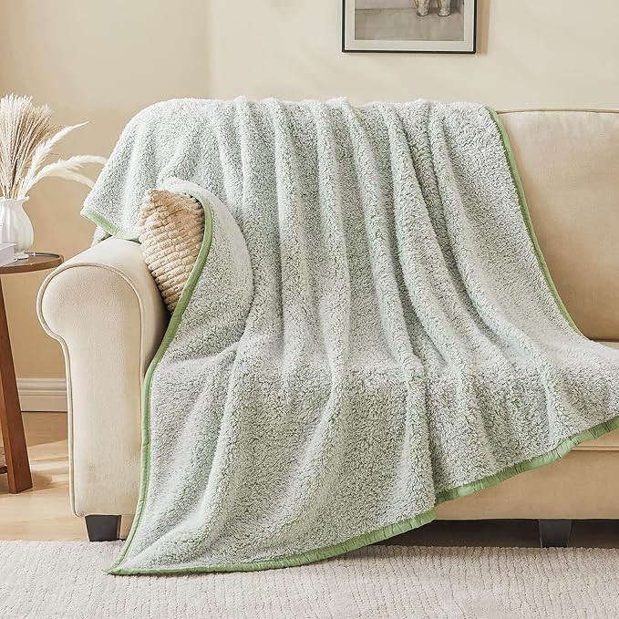 EMME Fuzzy Blanket Soft Fleece Throw Blankets for Women, Fluffy Sherpa Throws(Plush Sage,60"x80")