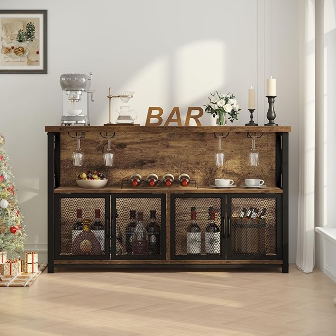 LVB Industrial Coffee Bar Cabinet, Farmhouse Wine Bar Cabinet for Liquor and Glasses, Metal Wood Sideboard Buffet Liquor Cabinet and Wine Rack with Storage for Home Dining Kitchen, Rustic Brown, 47 In