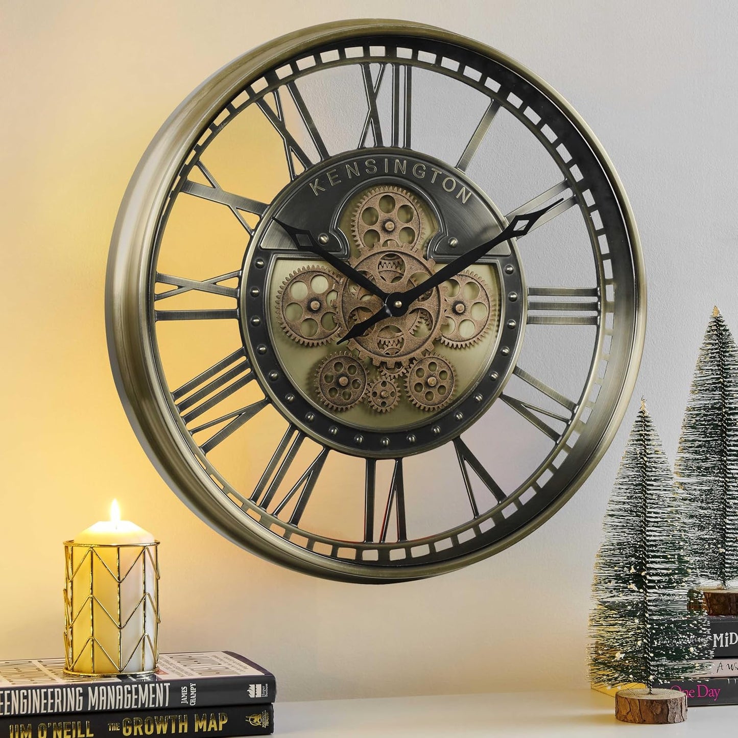 CLXEAST 21 Inch Large Moving Gears Wall Clock for Modern Farmhouse Living Room Decor, Brass Gold Roman Numerals Wall Clock Battery Operated,Reloj De Pared para Sala