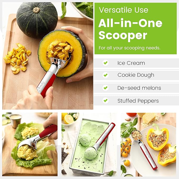 Spring Chef Heavy Duty Metal Ice Cream Scoop - Dishwasher Safe Ice Cream Scooper, Commercial Icecream Scoop Spade, Professional Kitchen Tool for Gelato, Melon, Sundae, Cookie Spoon - Red