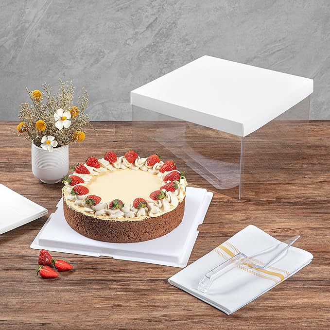 Restaurantware-Sweet Vision 10 Inch x 8.25 Inch Transparent Cake Boxes, 10 Grease Resistant Base Clear Cake Boxes - White Lid, Gray Ribbon, Plastic Birthday Box, For Weddings Or Birthdays