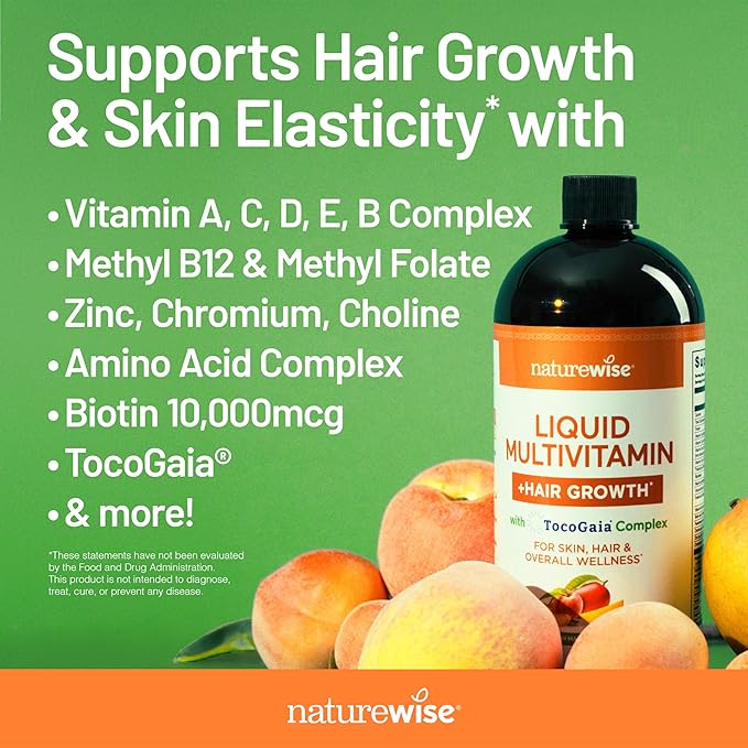 NatureWise Liquid Multivitamin Hair Growth for Women & Men + Clinically Proven Tocogaia®, Biotin, Vitamin D, E, B - Sugar Free Multivitamin for Hair Growth & Skin Elasticity - 15 fl oz[15 Servings]