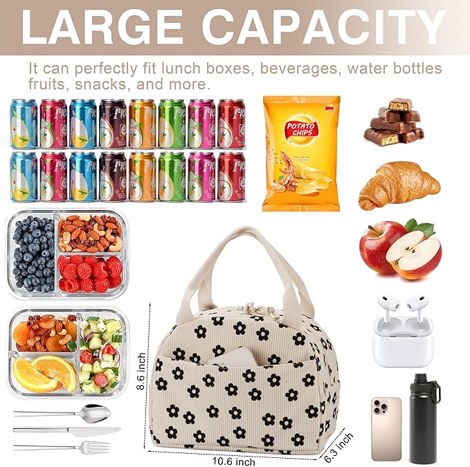 Lunch Bag - Insulated Lunch Box for Women, Reusable Large Capacity Cooler Bag for Adult, Small Leakproof Cute Corduroy Lunch Tote for Work Office Travel Picnic (Corduroy Black-Flower)