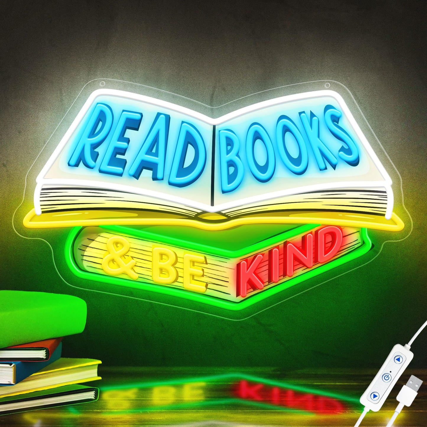 SELICOR Read Books & Be Kind Neon Signs for Wall Decor-Teacher Appreciation Gift,Adjustable LED Book Neon Light Up Sign for Read