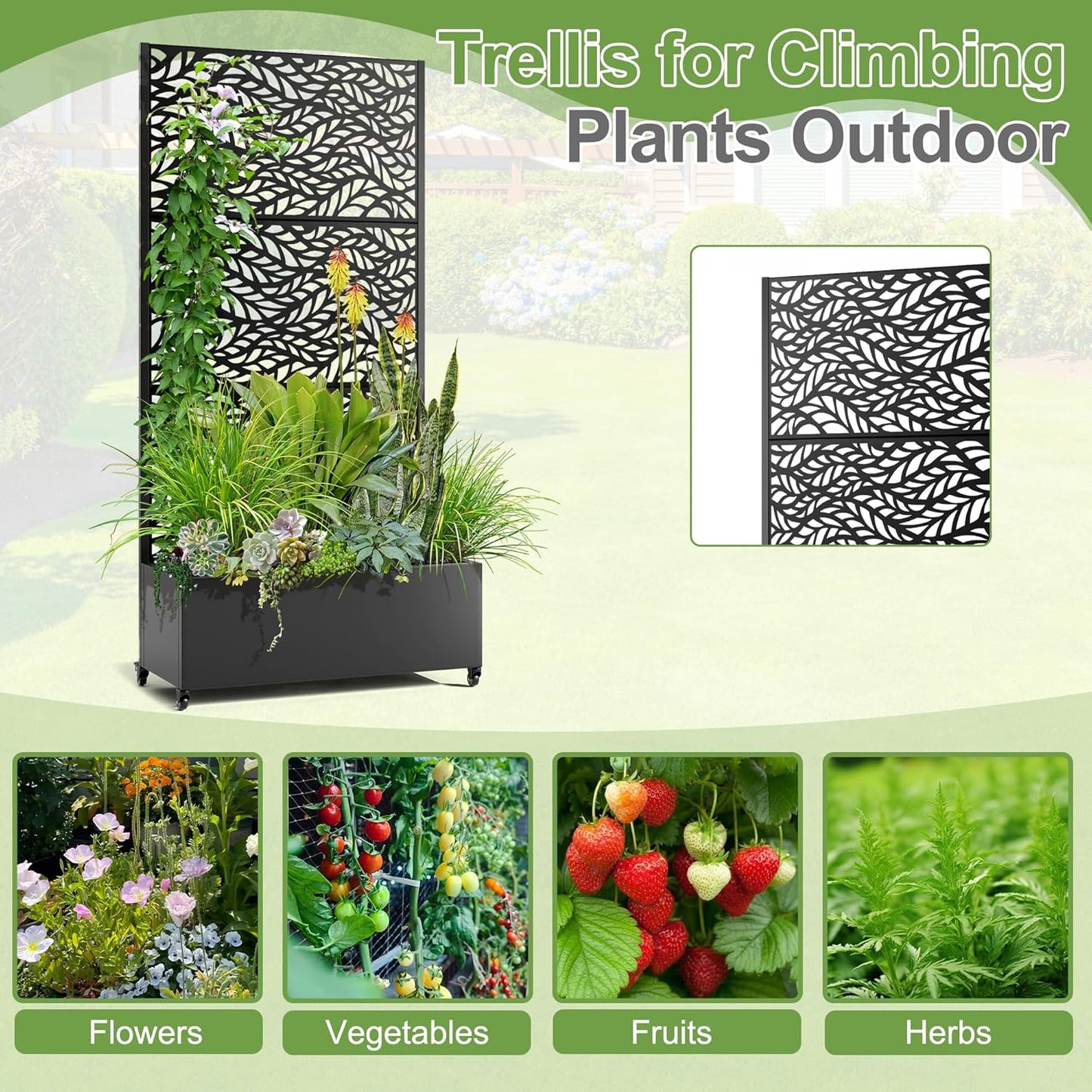 Raised Garden Bed with Trellis and Wheels,73"x35"x16" Metal Raised Garden Bed,Black Flowing Leaf Metal Planter with Climbing Trellis for Vines & Vegetables