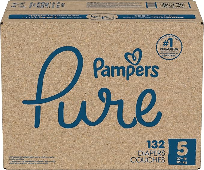 Pampers Pure Protection Baby Diapers, Size 5 (27+ lbs), 132 Count, Up to 100% Leakproof, Premium Plant-based Skin Protection, Hypoallergenic Soft Diapers