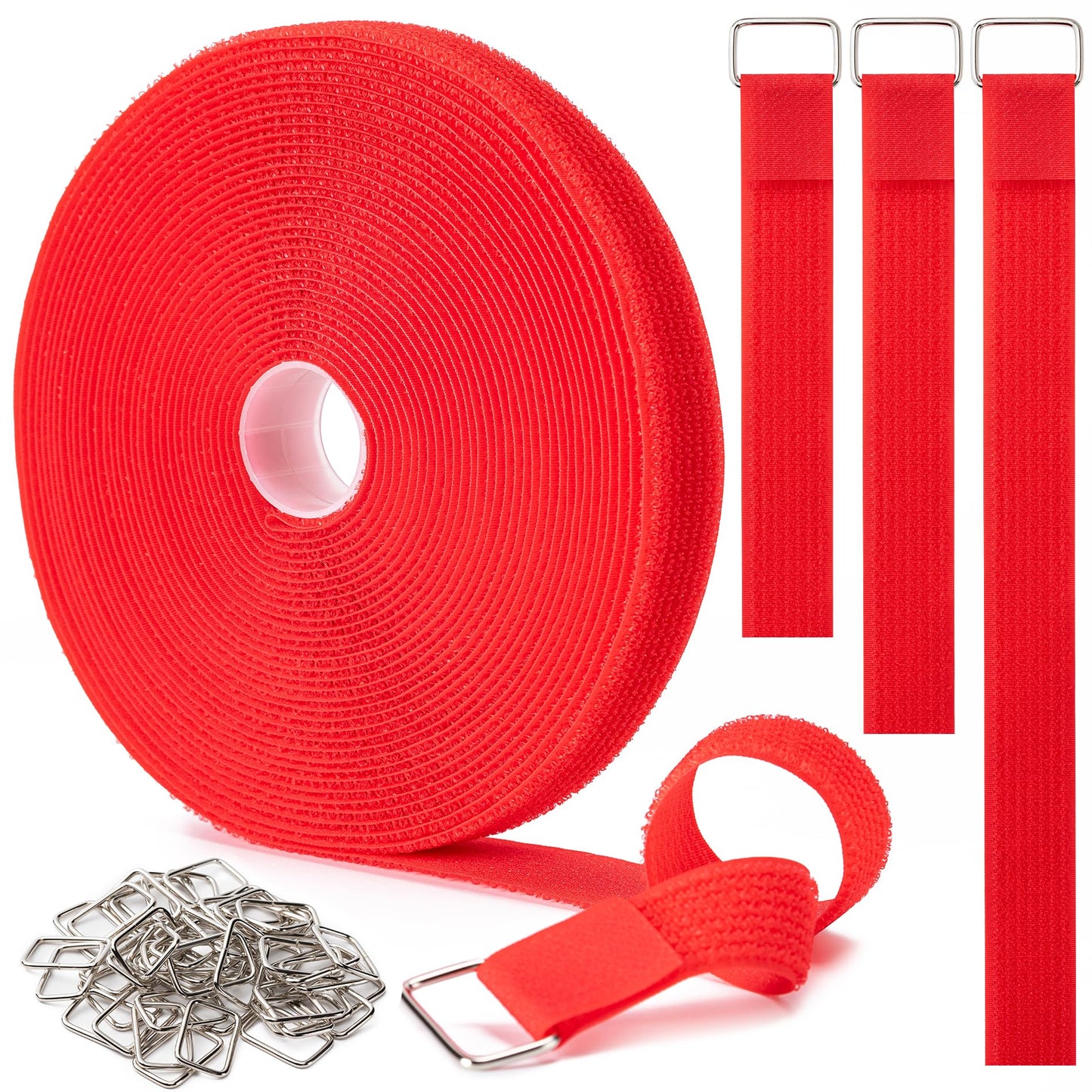 1 x32Ft Hook and Loop Straps with 50 Metal Buckles, Adjustable Fastening Cable Straps, Free Cut Length, Reusable Nylon Cable Tie