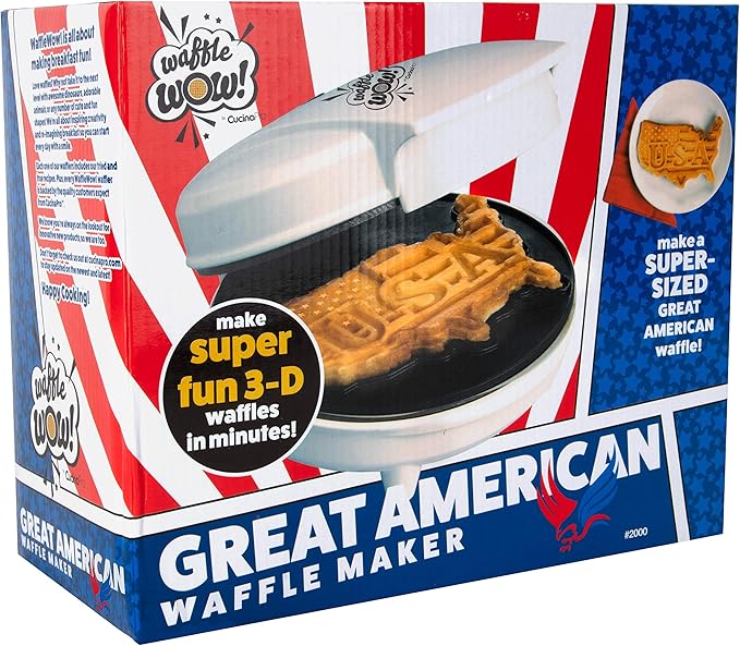 Great American USA Waffle Maker- Giant 7.5" Patriotic Waffles or Pancakes - Electric Nonstick Waffler Iron - America Spirit Party, Breakfast Griddle Baker Supplies with Recipe Guide- Novelty Xmas Gift