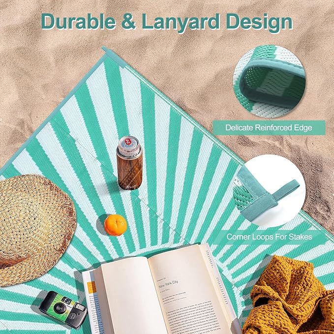 Wonnitar 5x8 Waterproof Outdoor Rug - Reversible Plastic Straw Patio Rug, Portable Outside Carpet for Camping, Indoor Outdoor Mat for Deck Backyard RV Garden Picnic (Blue-Green, 5'x8')