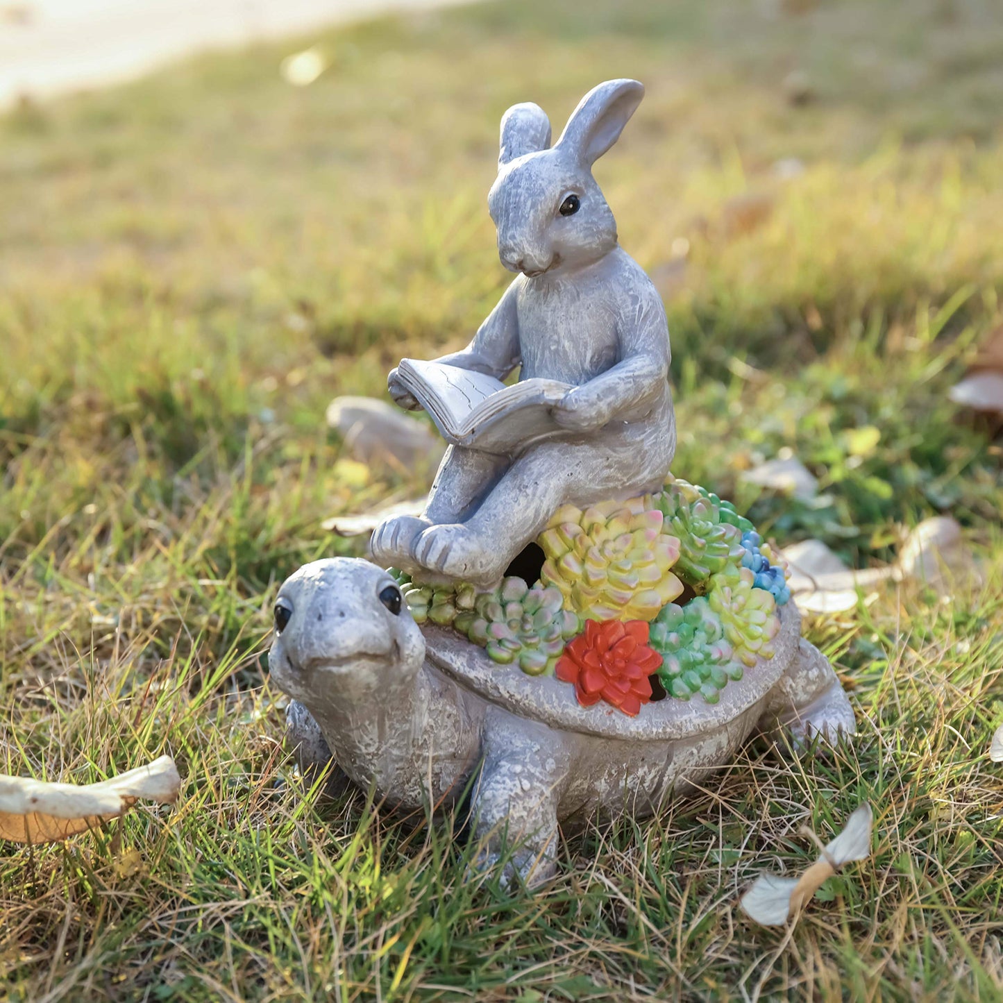 TERESAS COLLECTIONS Garden Statues Rabbit Turtle Solar Light, Gray, Large, Resin, 9in Outdoor Decor for Lawn Patio Yard