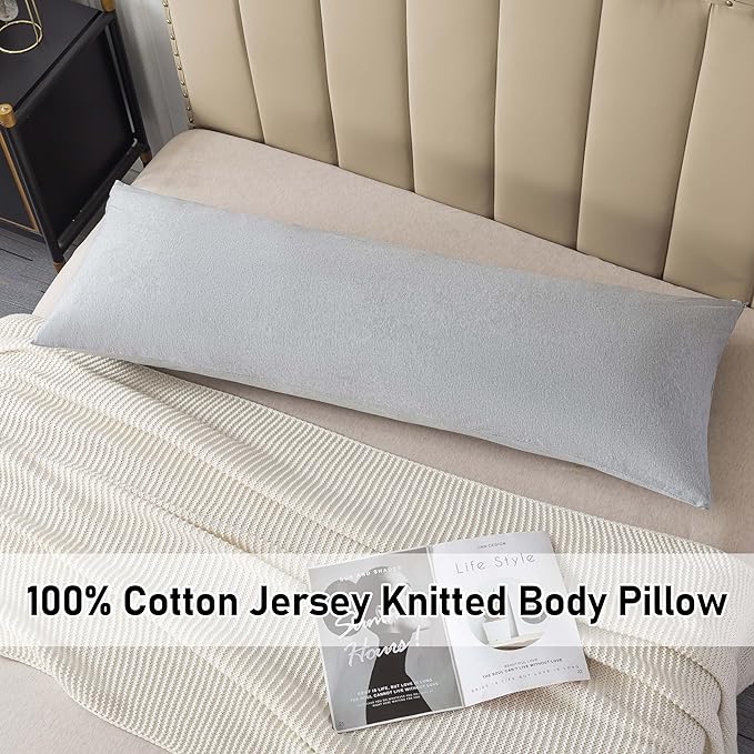 WhatsBedding Memory Foam Body Pillow with 100% Cotton Jersey Knitted Cover, Luxury Soft Large Long Pillow for Adults, Firm Full Body Pillow with Removable Zippered Pillow Case - Light Grey