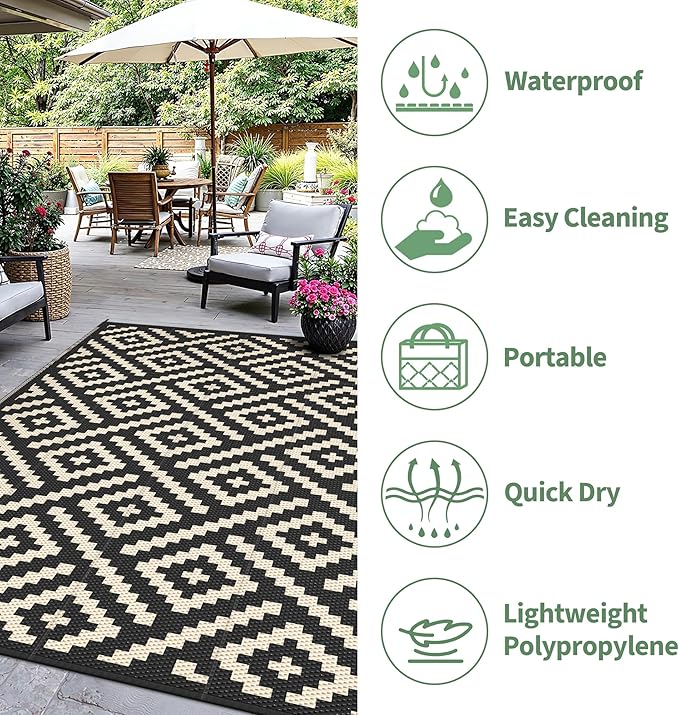 Outdoor Rug for Patio - Waterproof Plastic Straw Camping Rugs 5x8 ft, Reversible Outdoor Indoor RV Mat Carpet for Patio, Porch, Deck, Balcony, Picnic, Beach, Black Beige