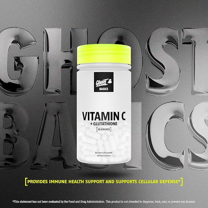 GHOST Basics Vitamin C + Glutathione Supplement for Men & Women – 500MG PureWay-C, 250MG L-Glutathione for Immune Health Support, Detox & Cleanse – Vegan, Soy-Free & Gluten-Free - 60 Veggie Capsules