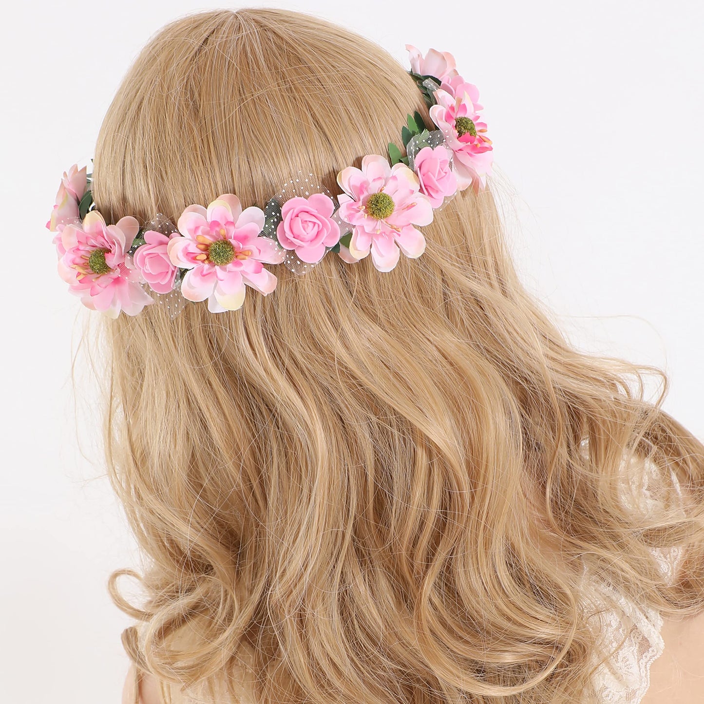 Gmmidea Women Girls Boho Flower Crown Adjustable Sunflower Floral Headband Wedding Bridal Headpiece Pink