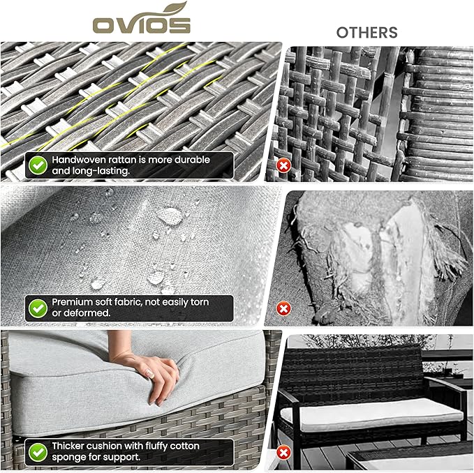 ovios 7 Pieces Patio Furniture Set with 54" Fire Pit Table, Outdoor Wicker Sofa with Comfy Cushions, All Weather High Back Rattan Couch Conversation Set, Grey