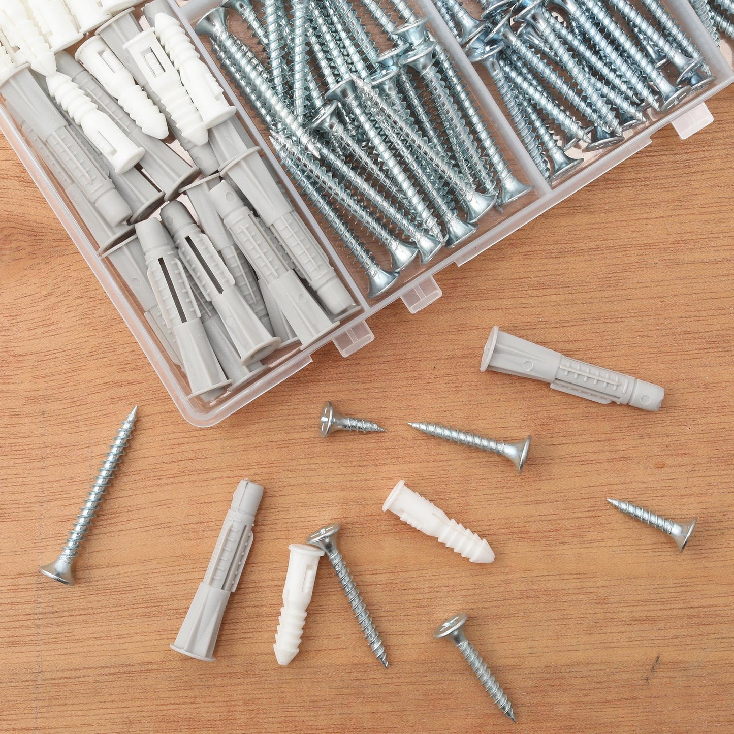 JEGONFRI High Hardness Wood Screws Assortment Kit and Plastic Wall Anchors, 203 pcs 1/2" to 1-1/2" Phillips Drive Flat Head Screws & 30 pcs M6 Drywall Anchors