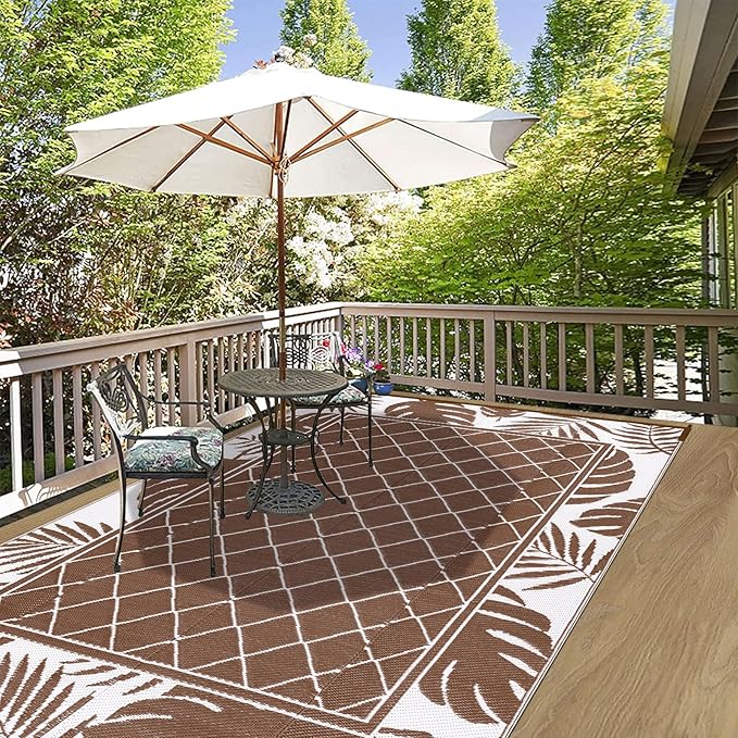 Ileading Outdoor Rug Carpet for Patio 5' x7' Waterproof Reversible Plastic Straw Rug Portable Outside Area Rug Camping Mat for Patio, Clearance, Balcony, Picnic, Pool, Beach, RV, Deck, Leaf Brown