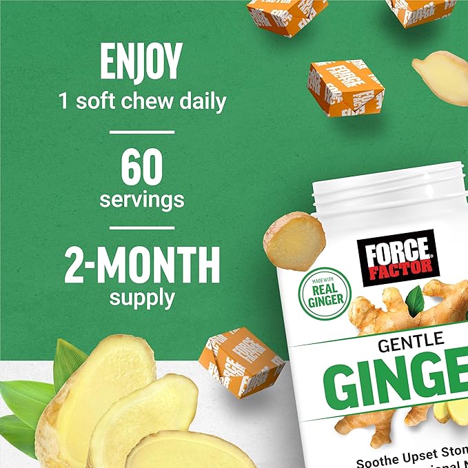 FORCE FACTOR Gentle Ginger Chews for Nausea Relief, Motion Sickness, and Morning Sickness, Ginger Supplement with Vitamin B6 for Digestive Support, Non-GMO, Honey Lemon Ginger Flavor, 60 Soft Chews