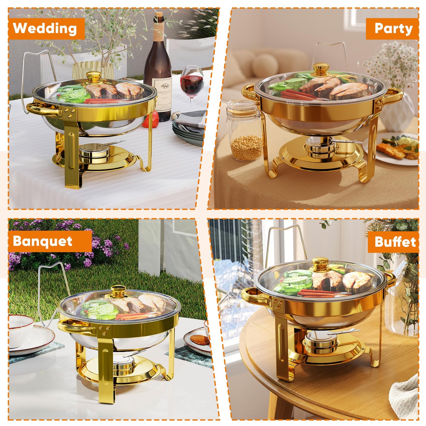 4 Pack Gold Round Chafing Dishes for Buffet, 5 QT Food Warmers and Cold Food Server for Parties, Events Hosting, Family Gatherings, Full Set Catering Supplies with Serving Utensils Accessories