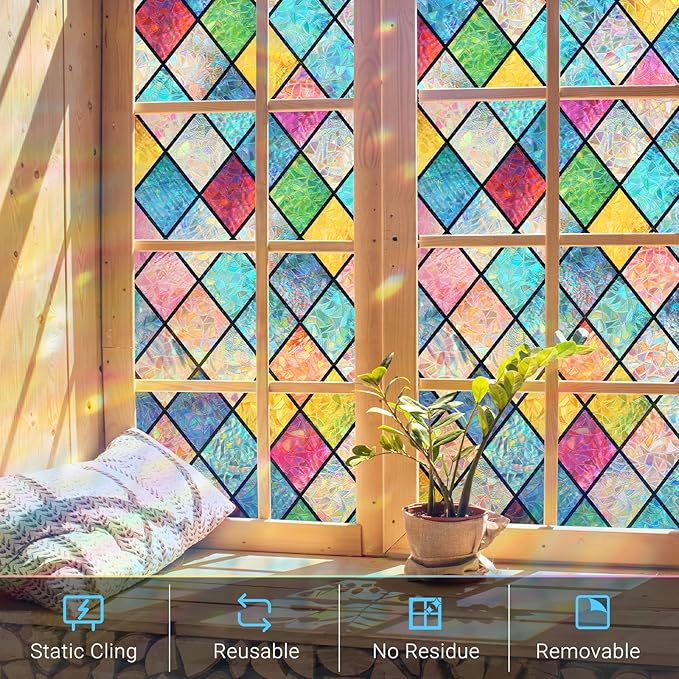 Haton Stained Glass Window Film, Rainbow Window Privacy Film, Decorative Sun Blocking Glass Clings Stickers, Static Cling Colorful Lattice Coverings Decals for Home Door 23.6" x 78.7"