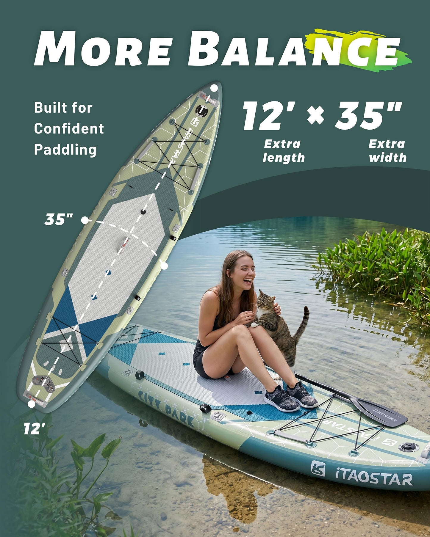 iTAOSTAR C03C 35" Super Wide Paddle Board, More Fun Inflatable Paddle Board with 5 Fins，12 Foot Stand Up Paddle Board with Premium SUP Accessories for Adults of All Skill Levels
