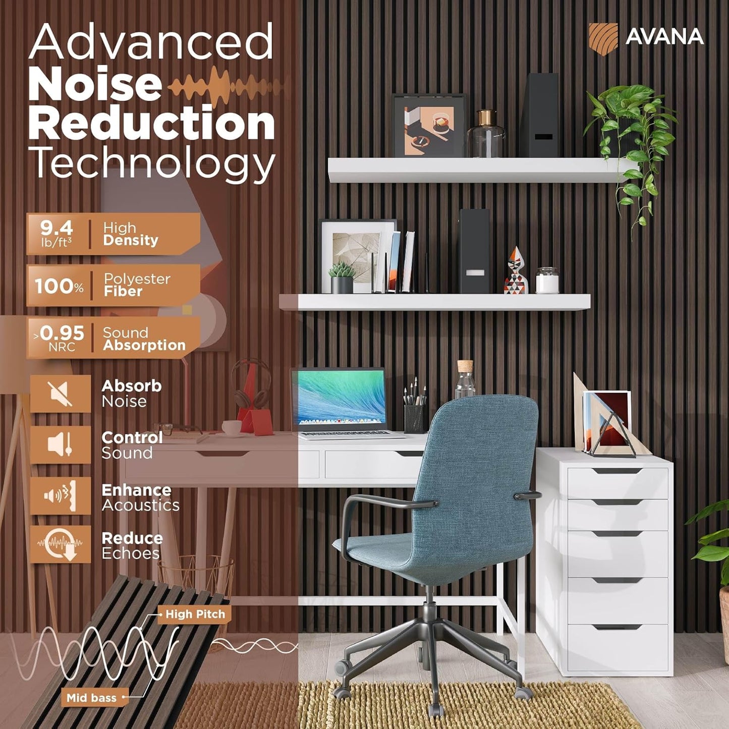Avana Modern Acoustic Wood Wall Panels – 47.2X12.6 Inch Dark Walnut Acoustic Panels 1 PC – Wall Panels For Interior Wall Decor For Homes, Offices, Studios – Sturdy And Durable Wood Panels For Wall