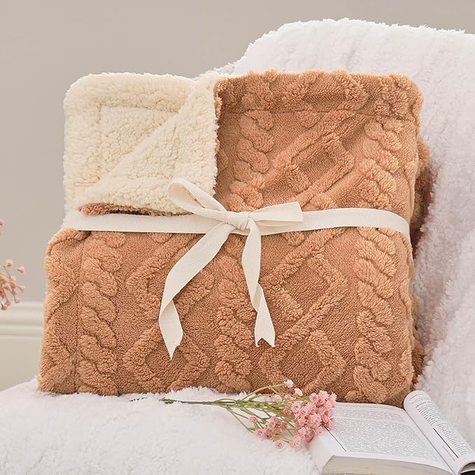 Bedsure Sherpa Fleece Throw Blanket for Couch - GentleSoft Fluffy & Cozy Cable Jacquard Tufted Throw for Women Gift, Thick and Warm Blankets for Winter, Light Brown, 50x60 Inches
