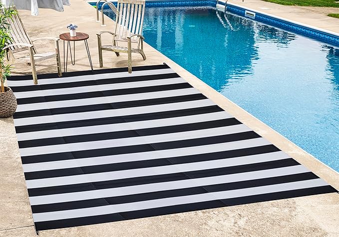 FH Home Outdoor Camping Rug - Waterproof, Fade Resistant, Reversible - Premium Recycled Plastic - Striped - Large Patio, Deck, Sunroom, RV - Brittany Stripe - Black & White - 9 x 18 ft Foldable
