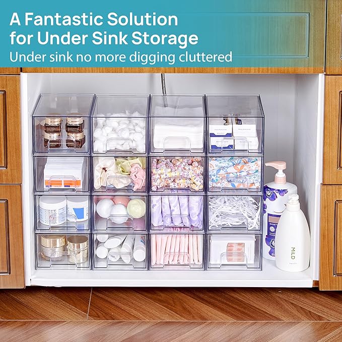 Vtopmart 8 Pack Small Clear Stackable Storage Drawers,Acrylic Bathroom Makeup Organizer,Plastic Storage Bins For Vanity, Undersink, Kitchen Cabinets, Pantry, Home Organization