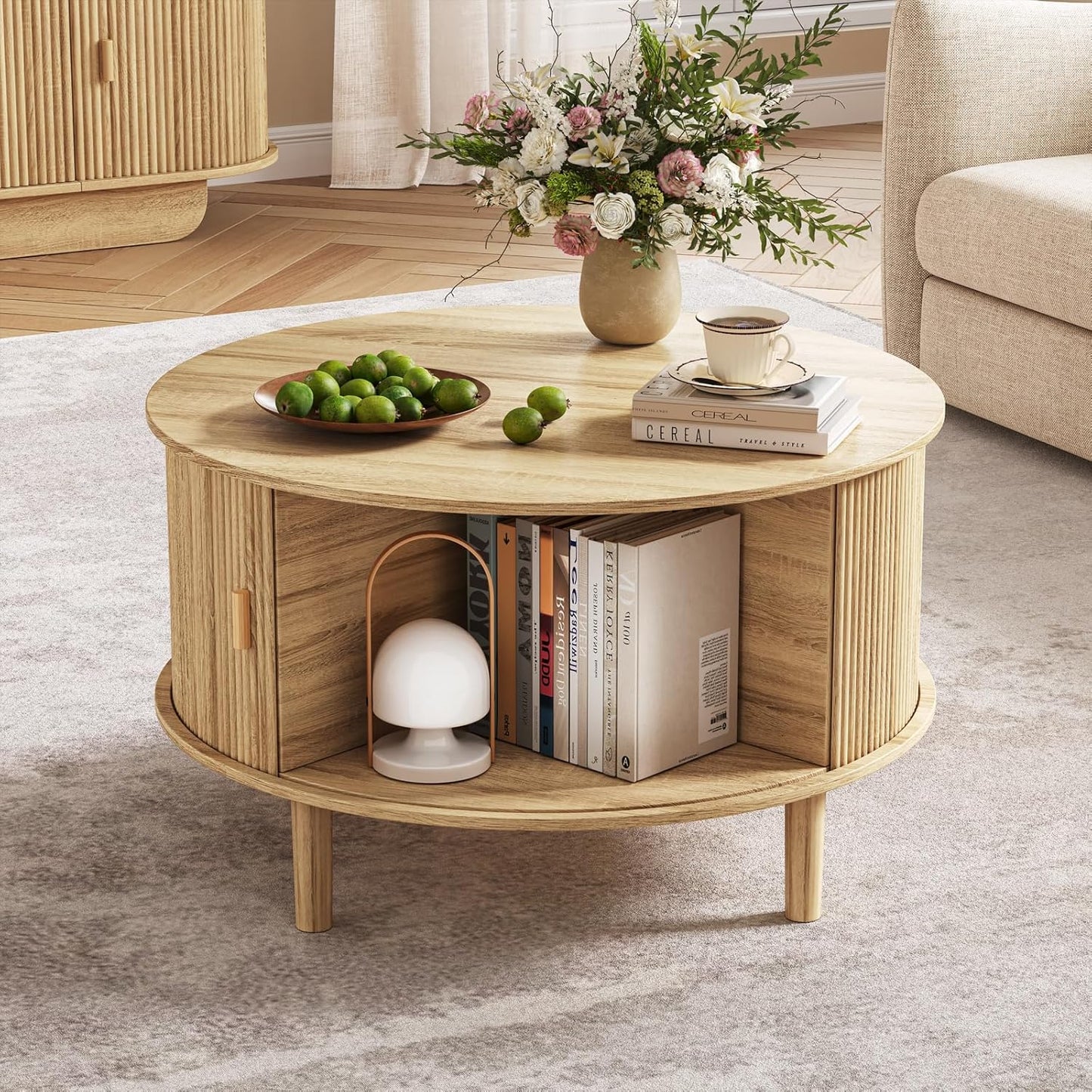 Coffee Table and TV Stand Set of 2, Round Center Table with Storage,Fluted Coffee Table with 360° Sliding Doors, 86.6" Entertainment Center for Bedroom, Living Room,Natural