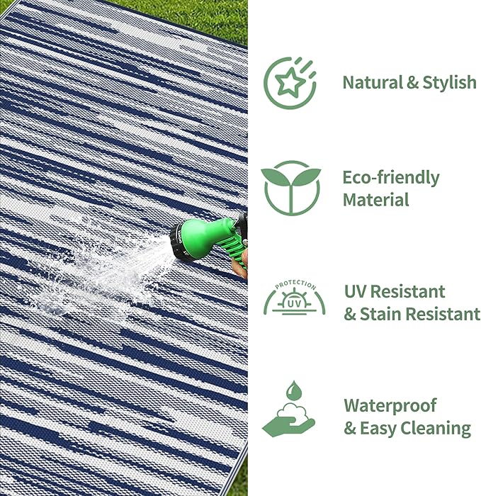 GENIMO Outdoor Rug for Patio Clearance, 6'x9' Waterproof Camping Mat, Reversible Plastic Straw Rugs for RV, Camper, Balcony, Backyard, Picnic, Deck (Blue White)