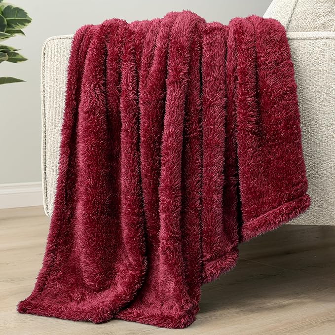 PAVILIA Sherpa Throw Blanket for Couch Sofa, Wine Red Fluffy Warm Plush Blanket for Bed, Cozy Super Soft Lightweight Throw, Fuzzy Decorative Blanket, All Season Home, 50x60
