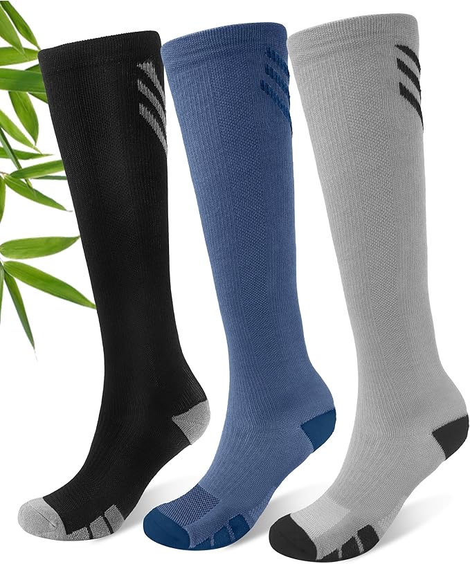 JODUCE Bamboo Viscose Compression Socks for Men & Women 3 Pairs,15-25 mmHg Knee-High Socks Support for Flying Travel Daily