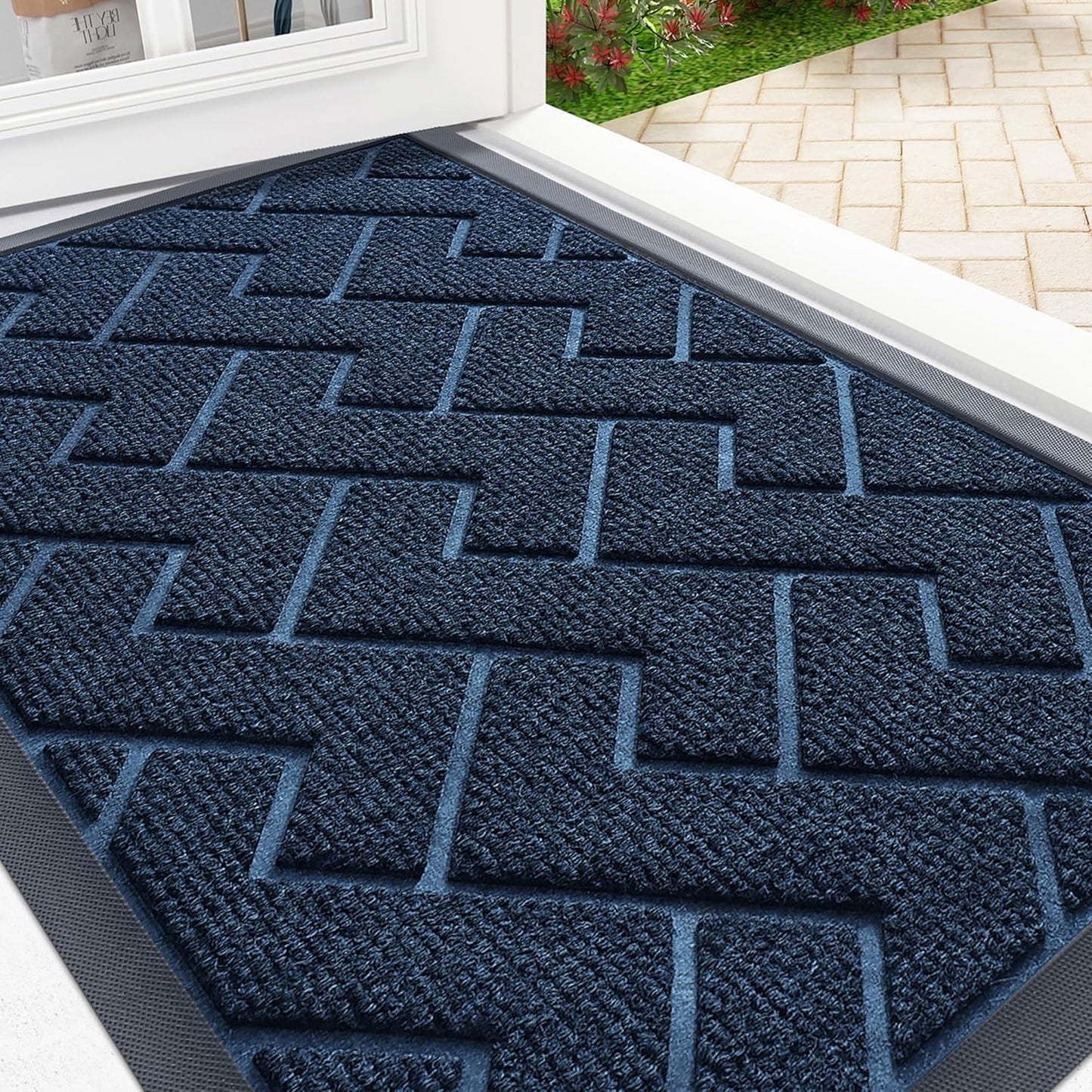 OLANLY Front Door Mat Indoor Outdoor Entrance, Waterproof All-Season, All-Weather Doormat, Sturdy Natural Rubber, Low Profile, Easy Clean Patio Porch Entryway Mat, Herringbone Brick (Blue, 47x17)