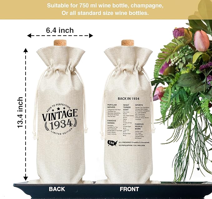 Tedea 90th Birthday Wine Gift Bag, Vintage Back In 1934 Birthday Gift Wine Bag For Women Men, Best Friend, Coworker, Birthday Party Decorations, 1 Pc Wine Bag (G01)