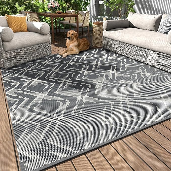 MontVoo Outdoor Rug Waterproof-Patio Rug Mat 9x12 Outdoor Carpet Reversible RV Camping Picnic Plastic Straw Rug Outside Outdoor Area Rug for Balcony Deck Backyard Patio Decor Modern Abstract