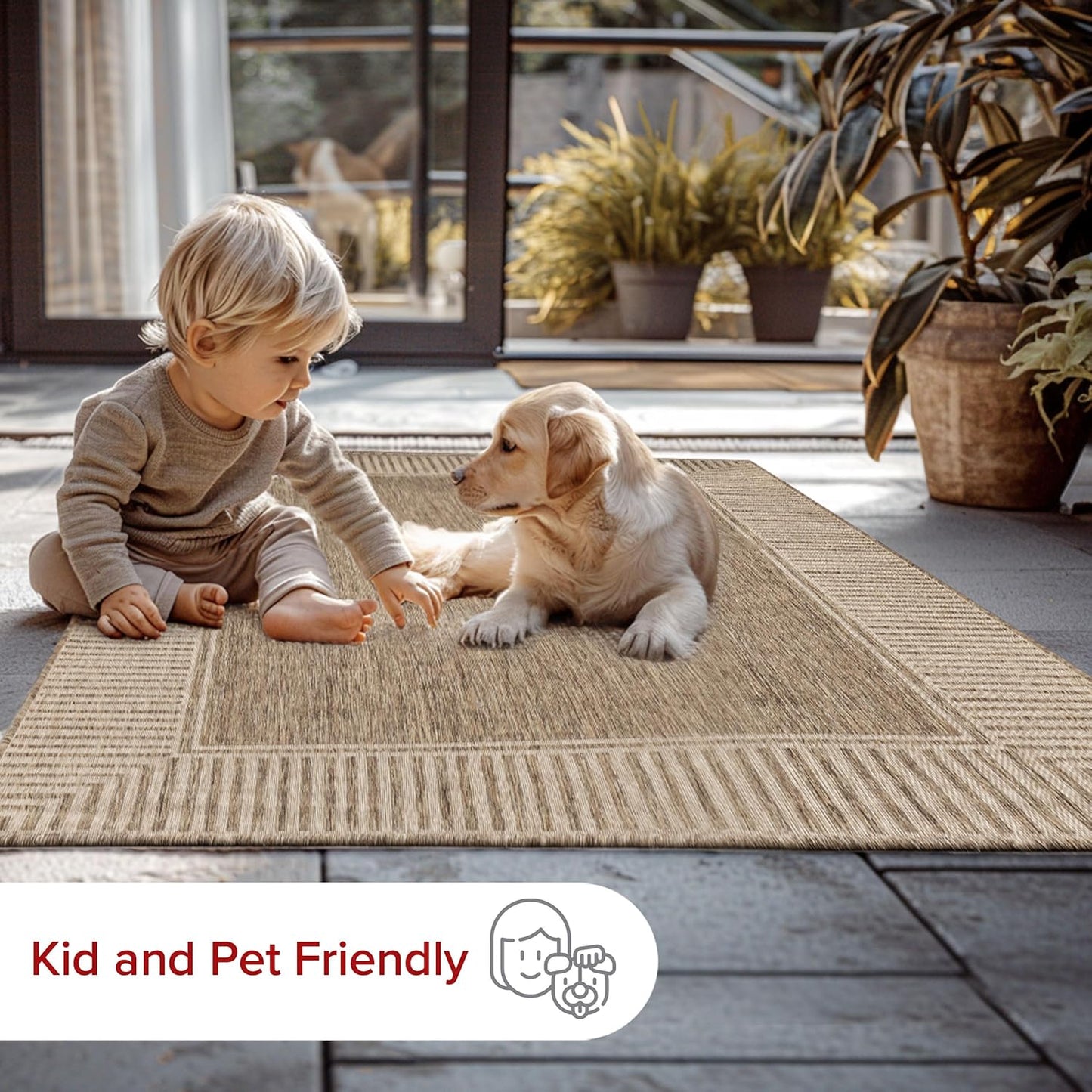 nuLOOM 8' x 10' Outdoor Area Rug, Casual Design With Striped Border, Stain Resistant, Highly Durable, For Patio, Balcony, Bedroom, Living Room, Dining Room, Bathroom, Light Brown