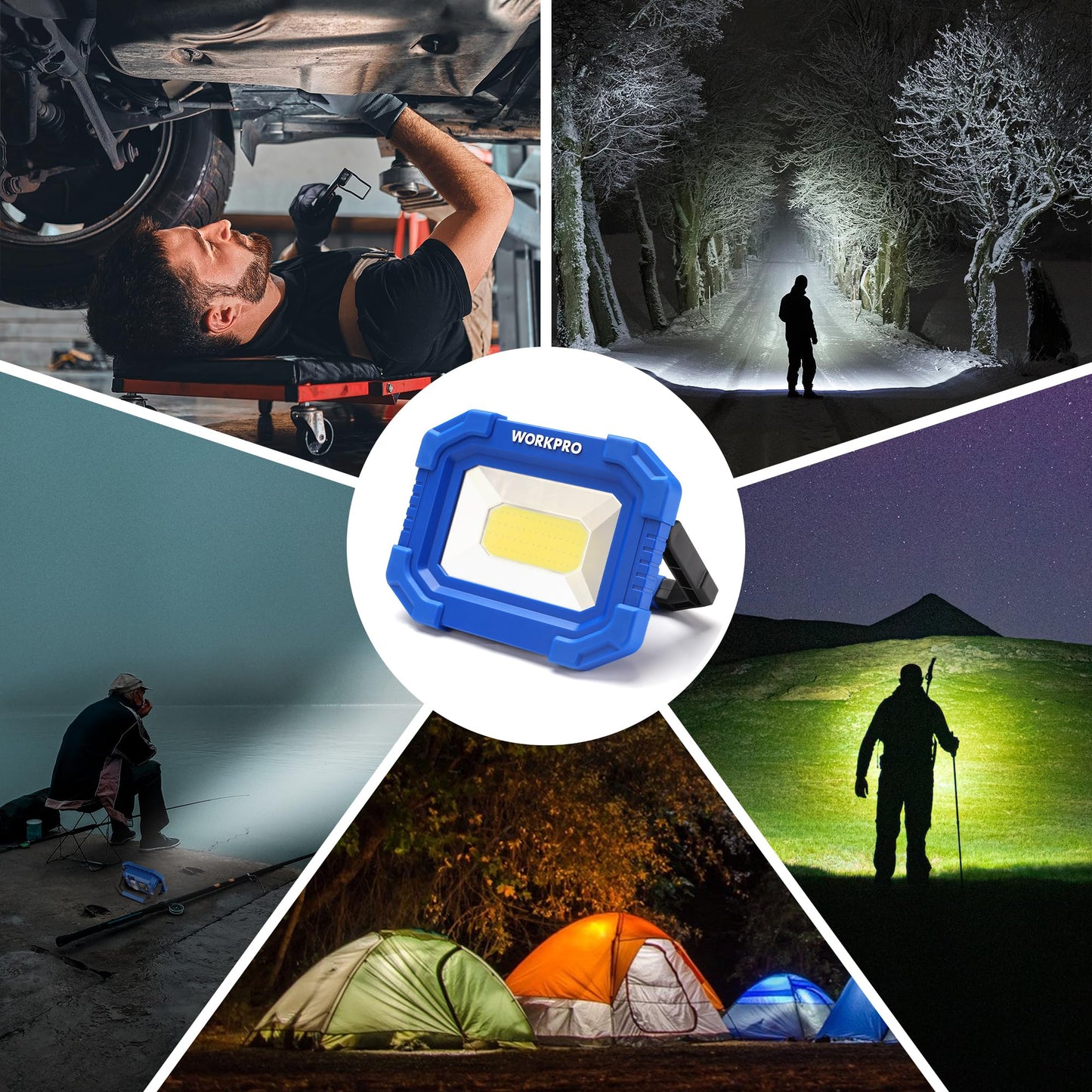 WORKPRO LED Work Light, Rechargeable Magnetic Work Lights with Stand, Portable 2000LM COB Flood Light for Camping, Fishing, Car Repair, Job Site Lighting, Hiking, 4 Modes, 2 Pack