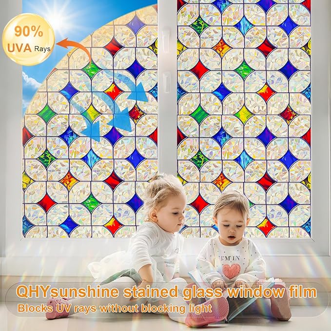 QHY Sunshine Colorful Rainbow Stained Glass Window Film Non-Adhesive Window Privacy Film Reusable Decorative for Room (Rainbow Mosaic, 17.5 X 78.7 in)