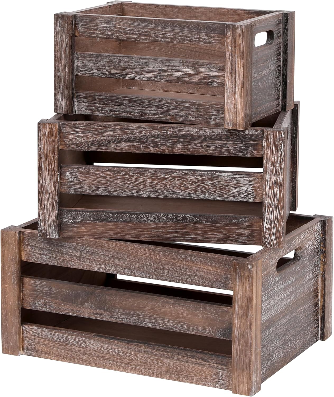 Large Vintage Brown Wooden Crates Set of 3, Rustic Handmade Wood Boxes for Storage or Display, Solid Wood Decorative Boxes